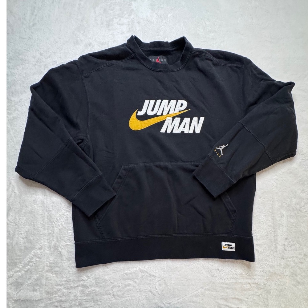 Nike Jordan Mens Large Black Gold Jumpman Embroidered Fleece Crewneck Sweatshirt